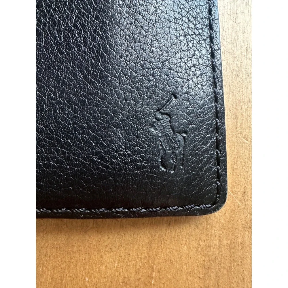 Polo Ralph Lauren Mens Black Pebbled Leather Bifold Wallet Embossed Pony Logo
